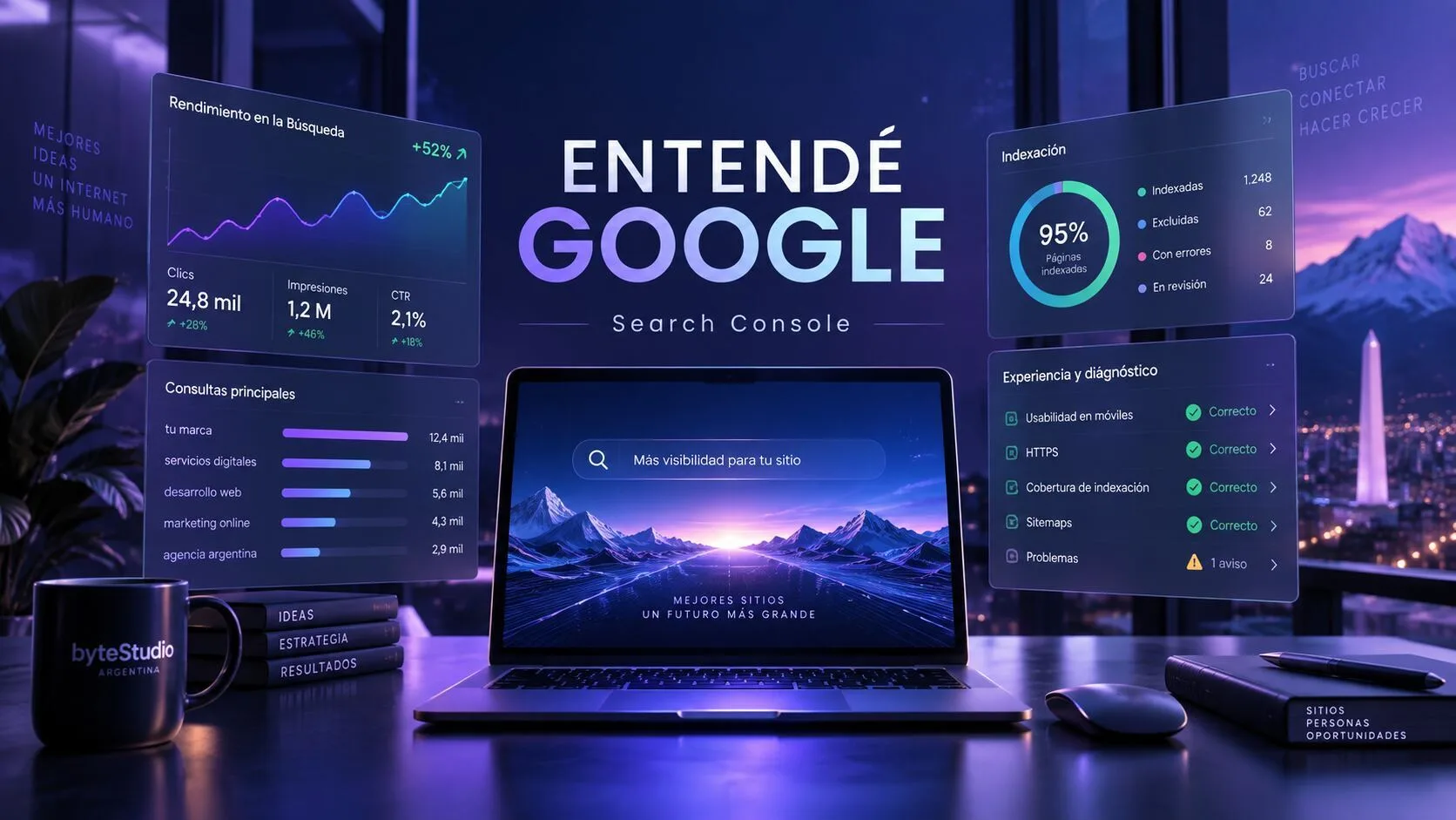 Panel tecnológico con gráficos de rendimiento, consultas e indexación, junto al título Entendé Google Search Console.
