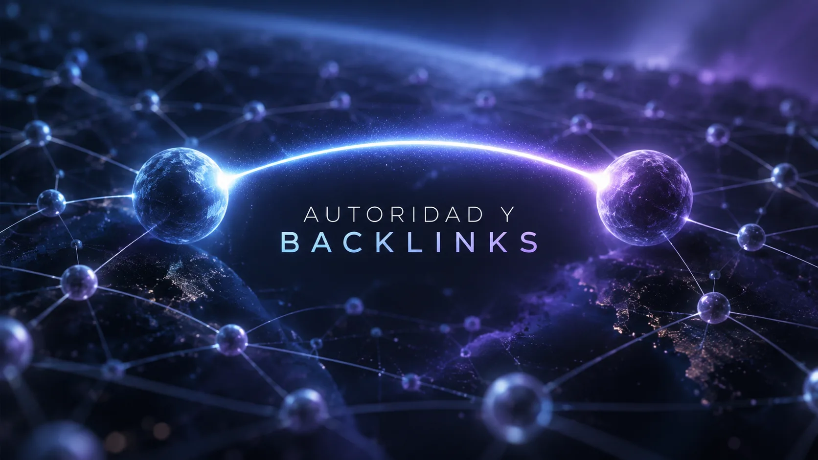 Red digital azul y violeta con numerosos enlaces tenues y una conexión luminosa que une dos nodos principales, bajo el título Autoridad y backlinks.