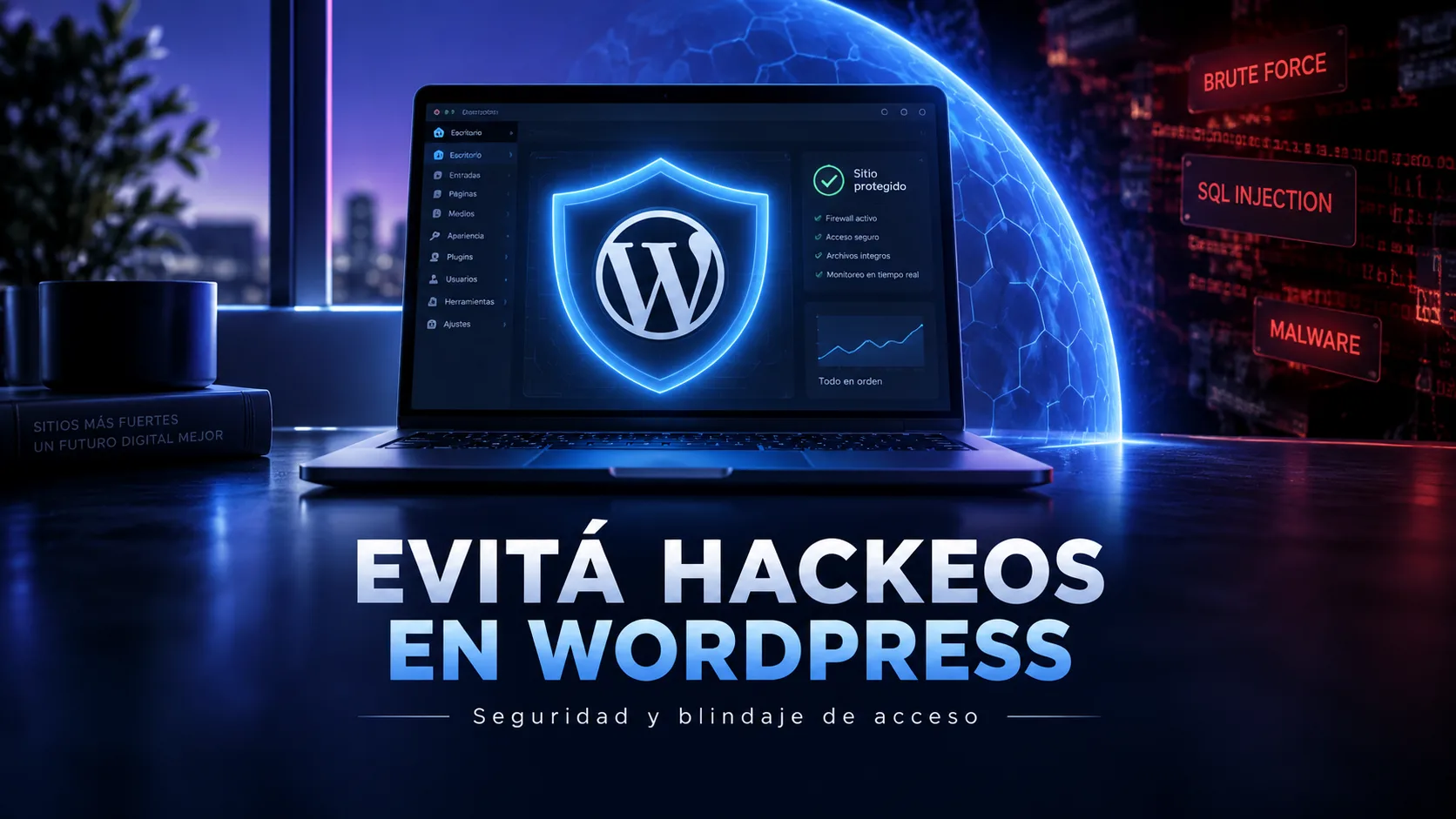 Portada sobre seguridad WordPress con una computadora, un escudo luminoso y una barrera digital que representa la protección frente a ataques informáticos.