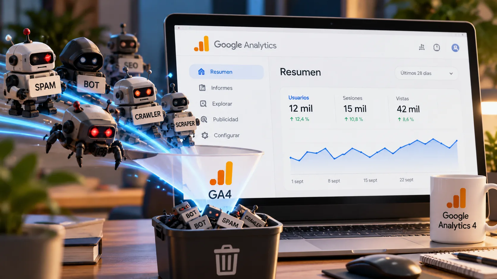 Portada sobre Google Analytics 4 mostrando un panel de estadísticas y varios bots siendo filtrados por GA4.