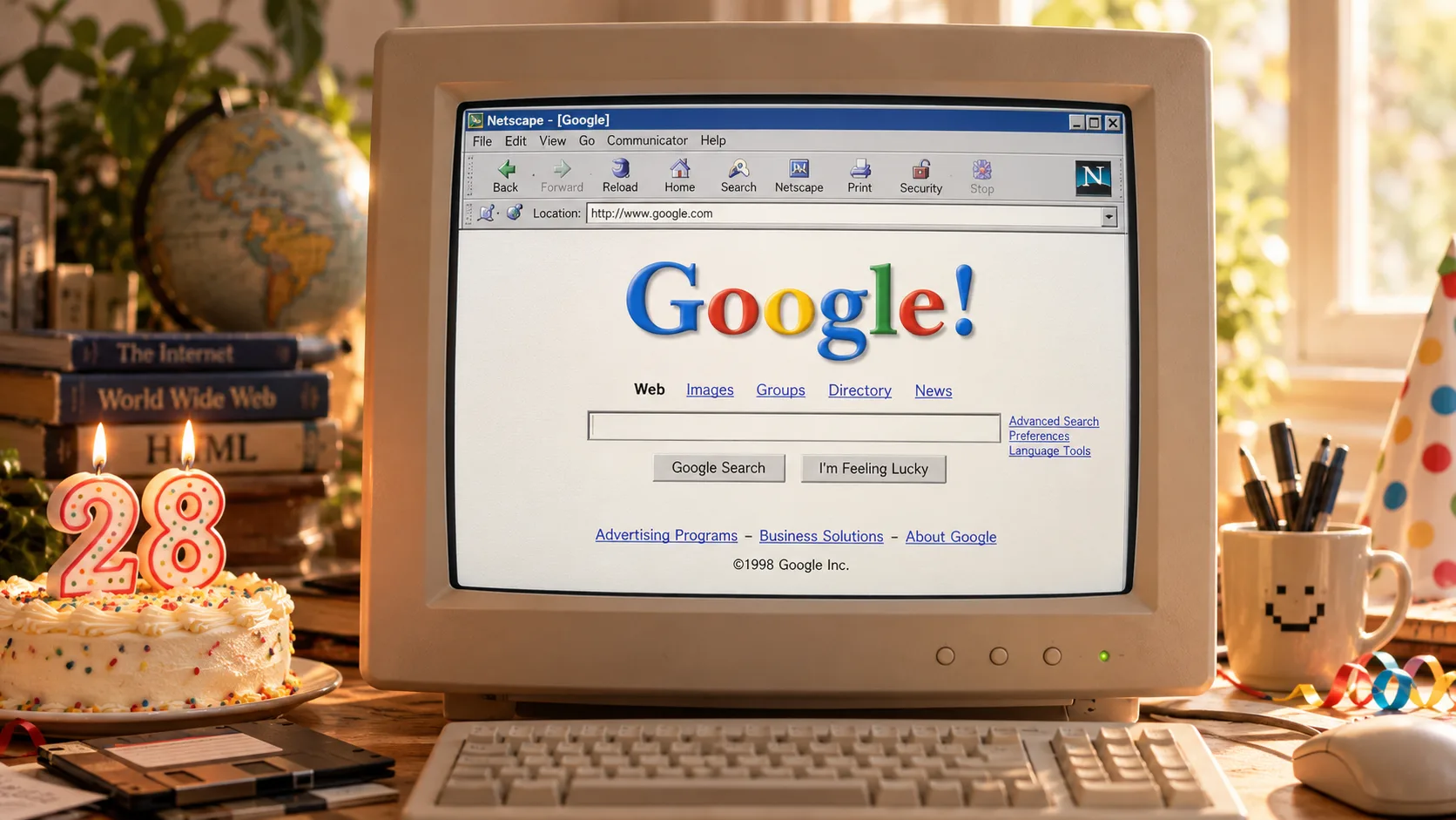 Computadora vintage mostrando una versión antigua del buscador de Google, acompañada por una torta con velas del número 28.