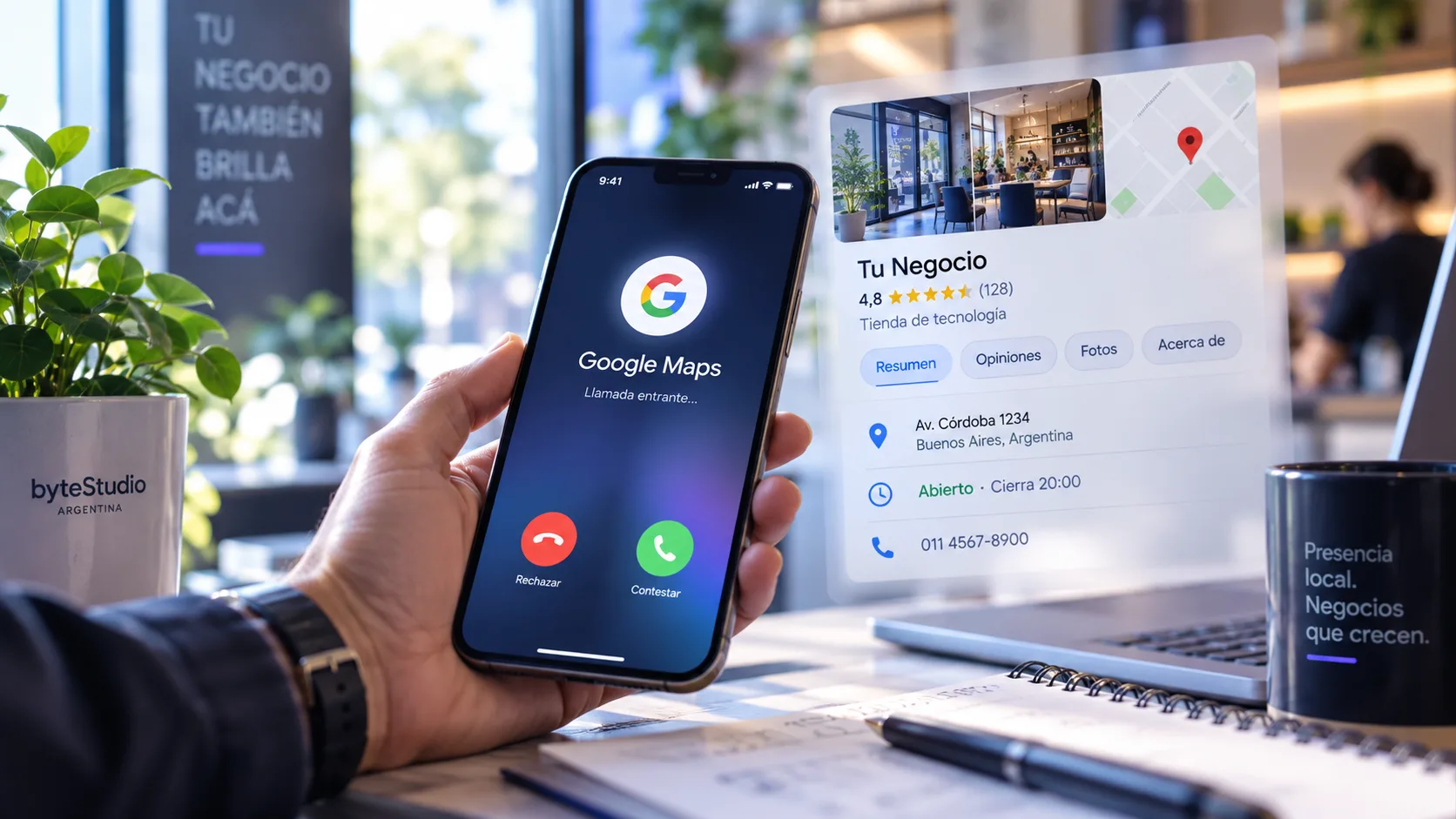 Teléfono recibiendo una llamada de Google Maps junto a un Perfil de Negocio con ubicación, horario y datos comerciales.