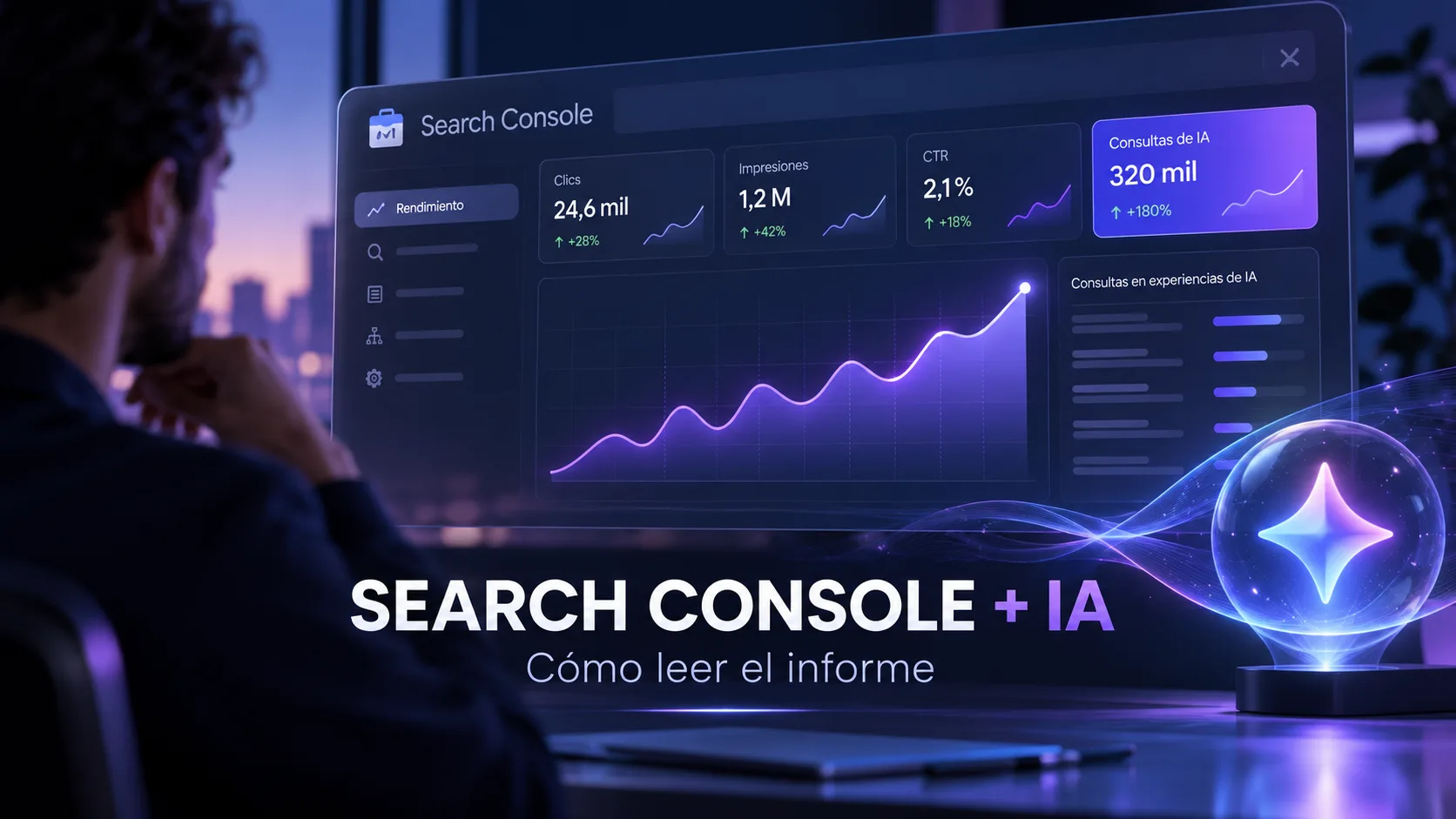 Portada sobre Google Search Console e IA generativa con un panel de estadísticas, gráficos de rendimiento y métricas de visibilidad en inteligencia artificial.