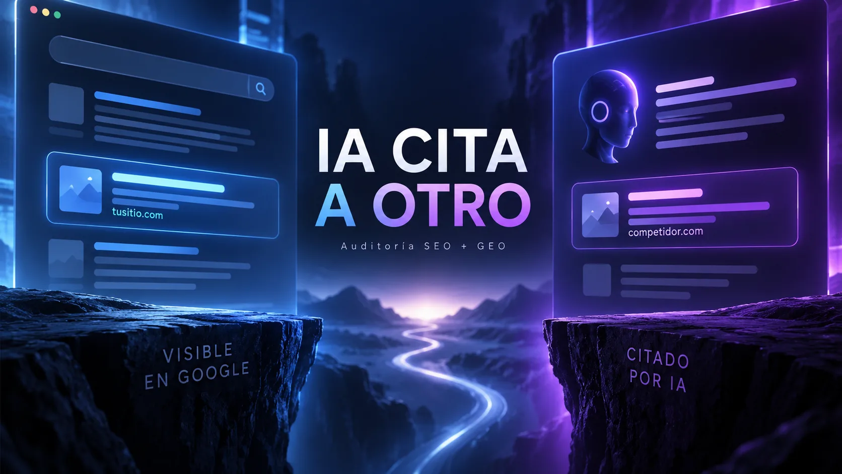 Dos interfaces digitales enfrentadas: una muestra resultados de búsqueda y la otra destaca una fuente citada por inteligencia artificial.
