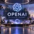 Portada futurista de OpenAI con el logotipo de la empresa, interfaces de inteligencia artificial y personas trabajando con tecnología.