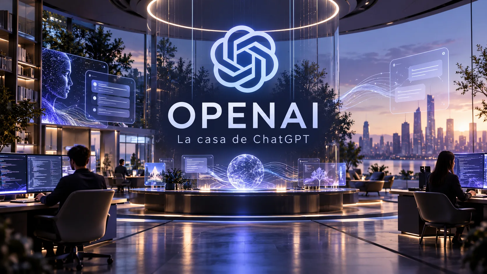 Portada futurista de OpenAI con el logotipo de la empresa, interfaces de inteligencia artificial y personas trabajando con tecnología.