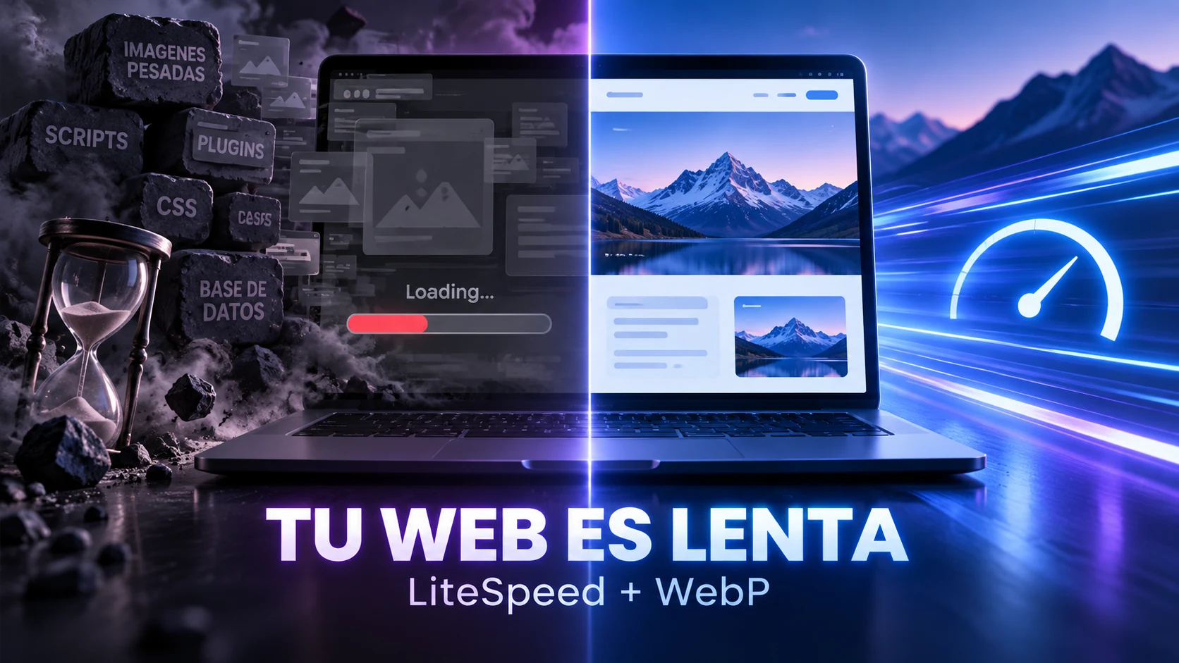 Notebook dividida entre una web lenta y otra optimizada, con indicadores de carga y velocidad.