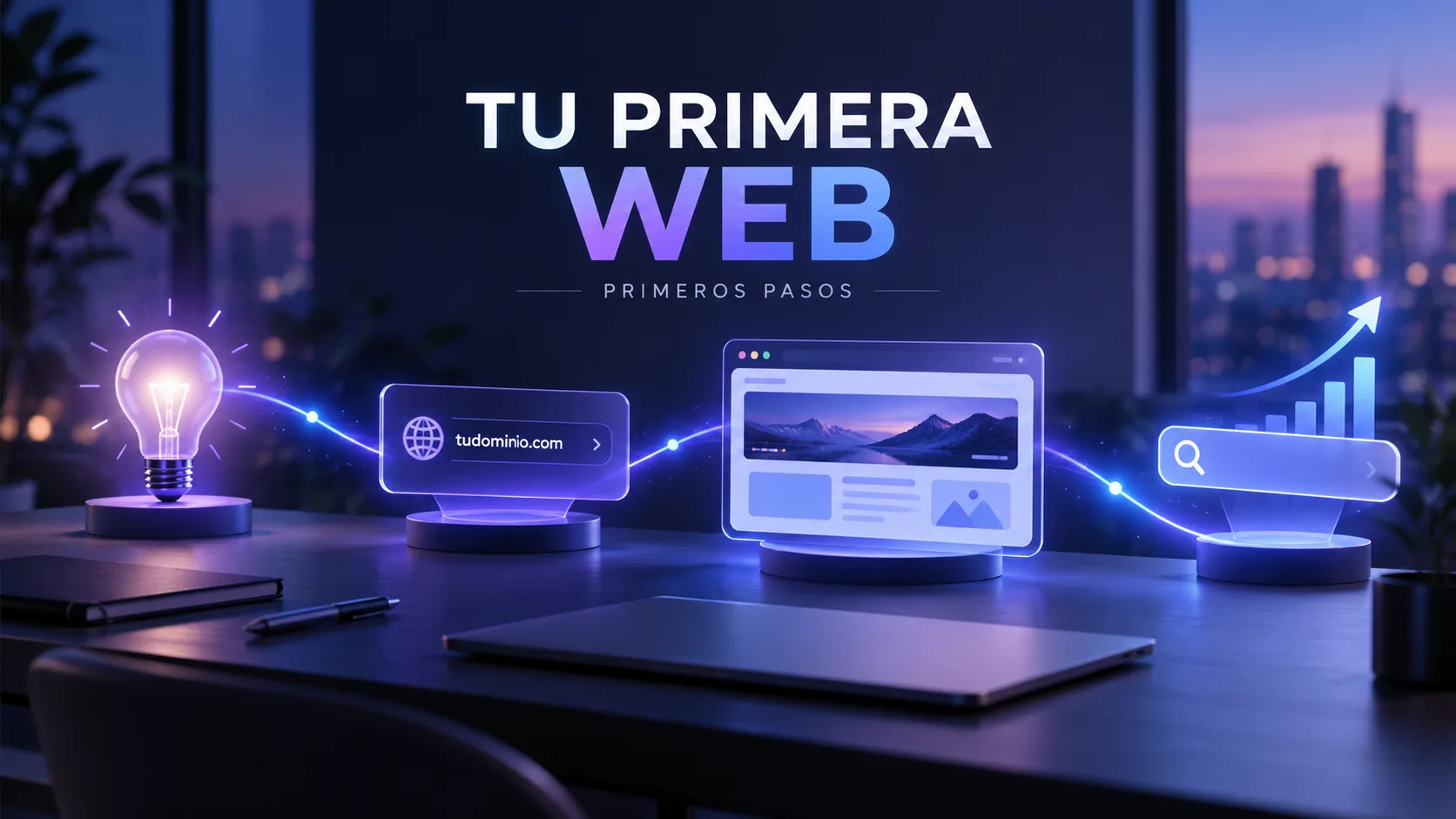 Portada sobre los primeros pasos para crear una página web, con una idea, un dominio, un sitio web y una búsqueda conectados visualmente.