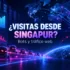 Mapa digital con Singapur destacado, gráficos de tráfico web y figuras de bots que representan visitas automatizadas.