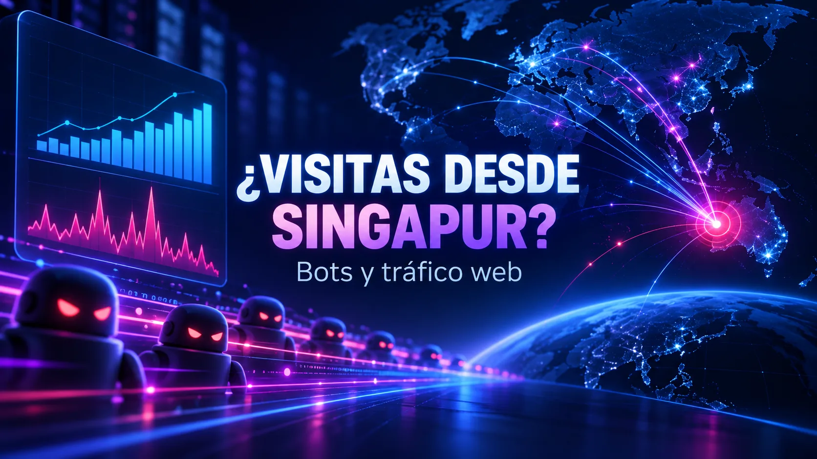 Mapa digital con Singapur destacado, gráficos de tráfico web y figuras de bots que representan visitas automatizadas.