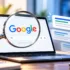 Portada sobre cómo aparecer en Google, con una notebook mostrando el buscador, una lupa sobre el logo de Google y gráficos de crecimiento.