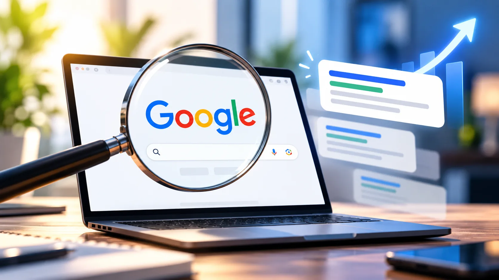 Portada sobre cómo aparecer en Google, con una notebook mostrando el buscador, una lupa sobre el logo de Google y gráficos de crecimiento.