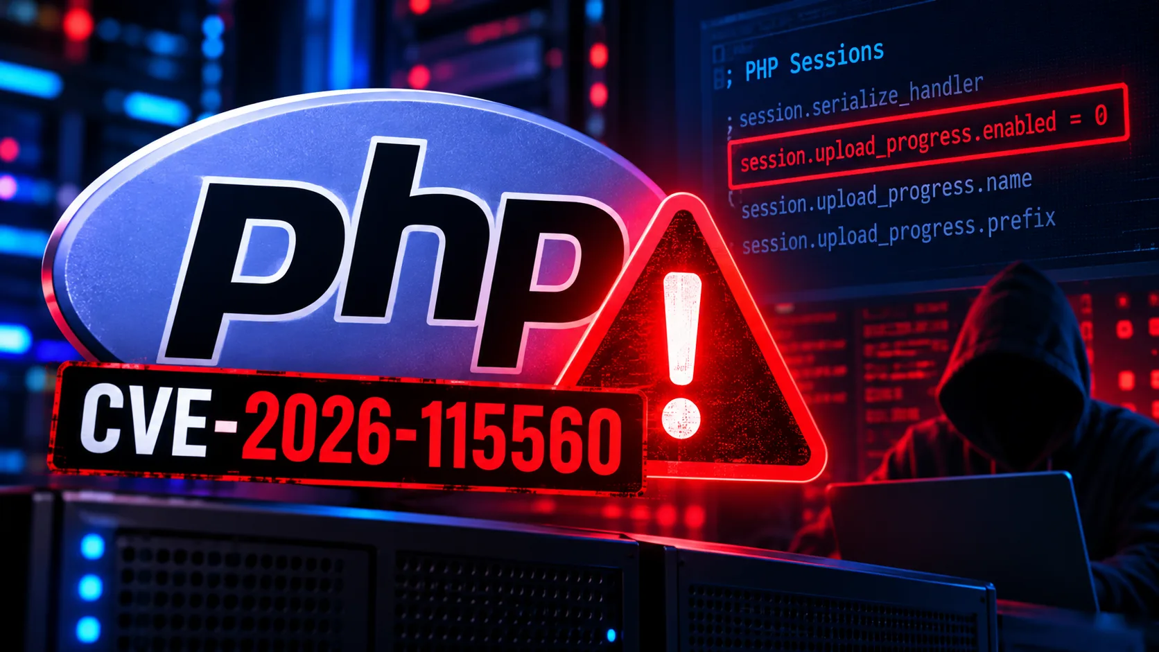 Portada sobre la vulnerabilidad CVE-2026-115560 en PHP, con el logo de PHP, una alerta de seguridad, código de sesión y una figura asociada a un ciberataque.
