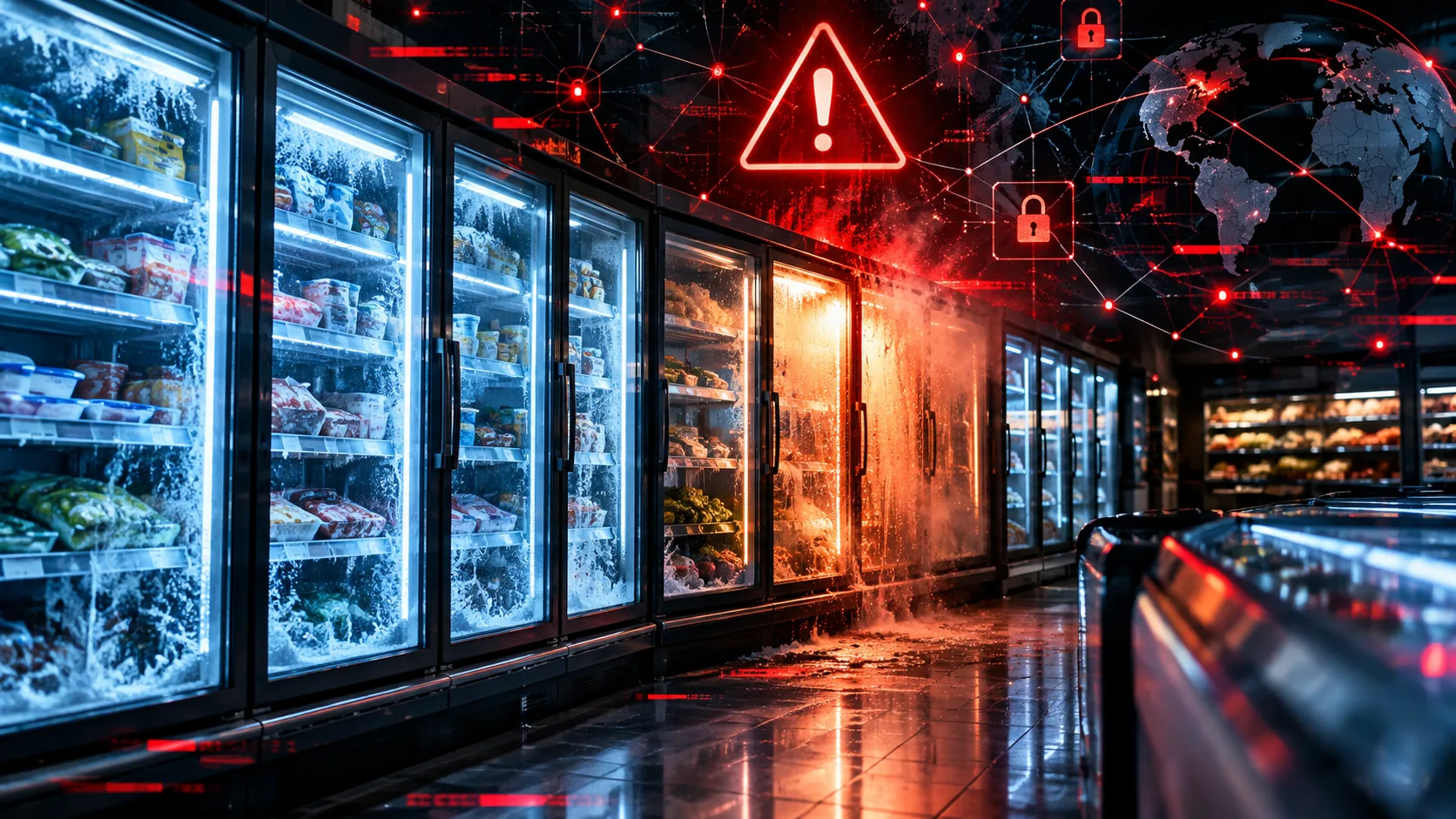 Portada sobre un ciberataque a sistemas de refrigeración de supermercados, con heladeras, alertas de seguridad y una red digital comprometida.