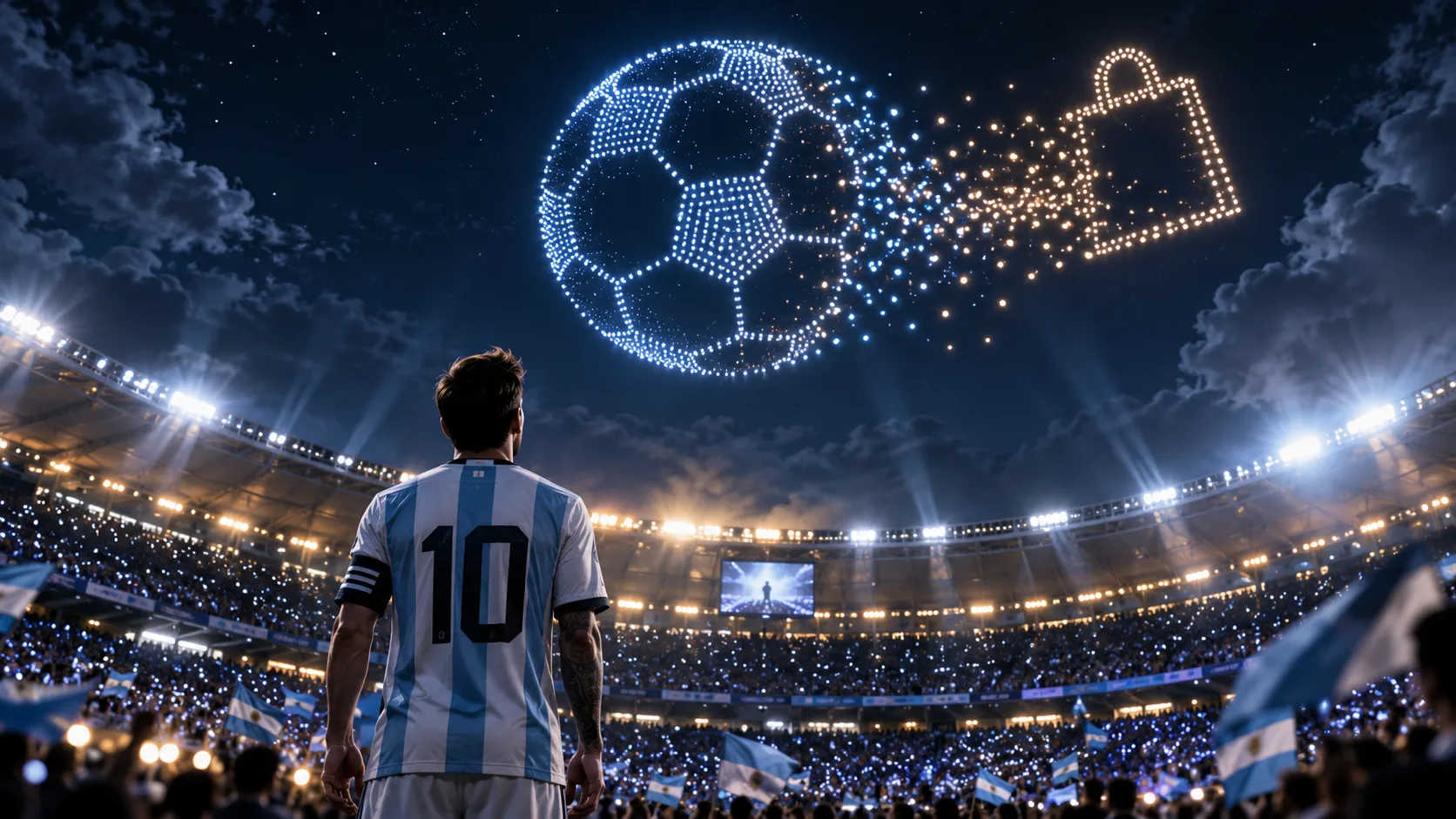 Portada inspirada en la despedida de Messi, con una camiseta argentina número 10 vista de espaldas y una pelota formada por drones sobre un estadio.