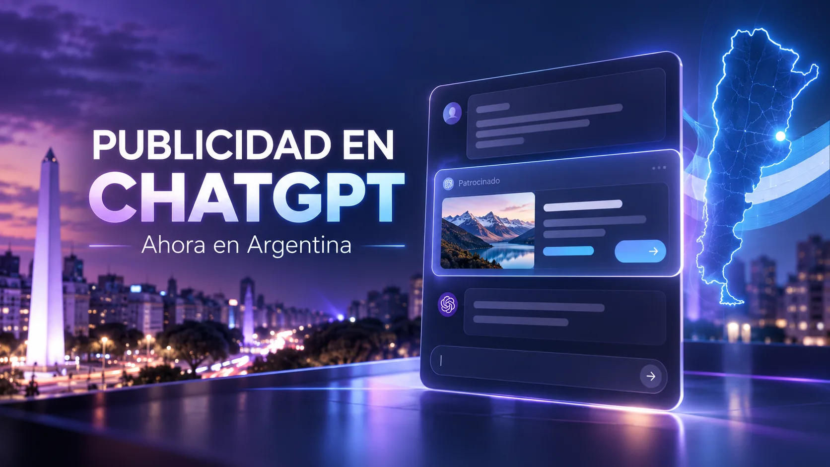 Portada sobre la llegada de la publicidad en ChatGPT a Argentina, con una interfaz de anuncio patrocinado, el mapa del país y una vista nocturna de Buenos Aires.