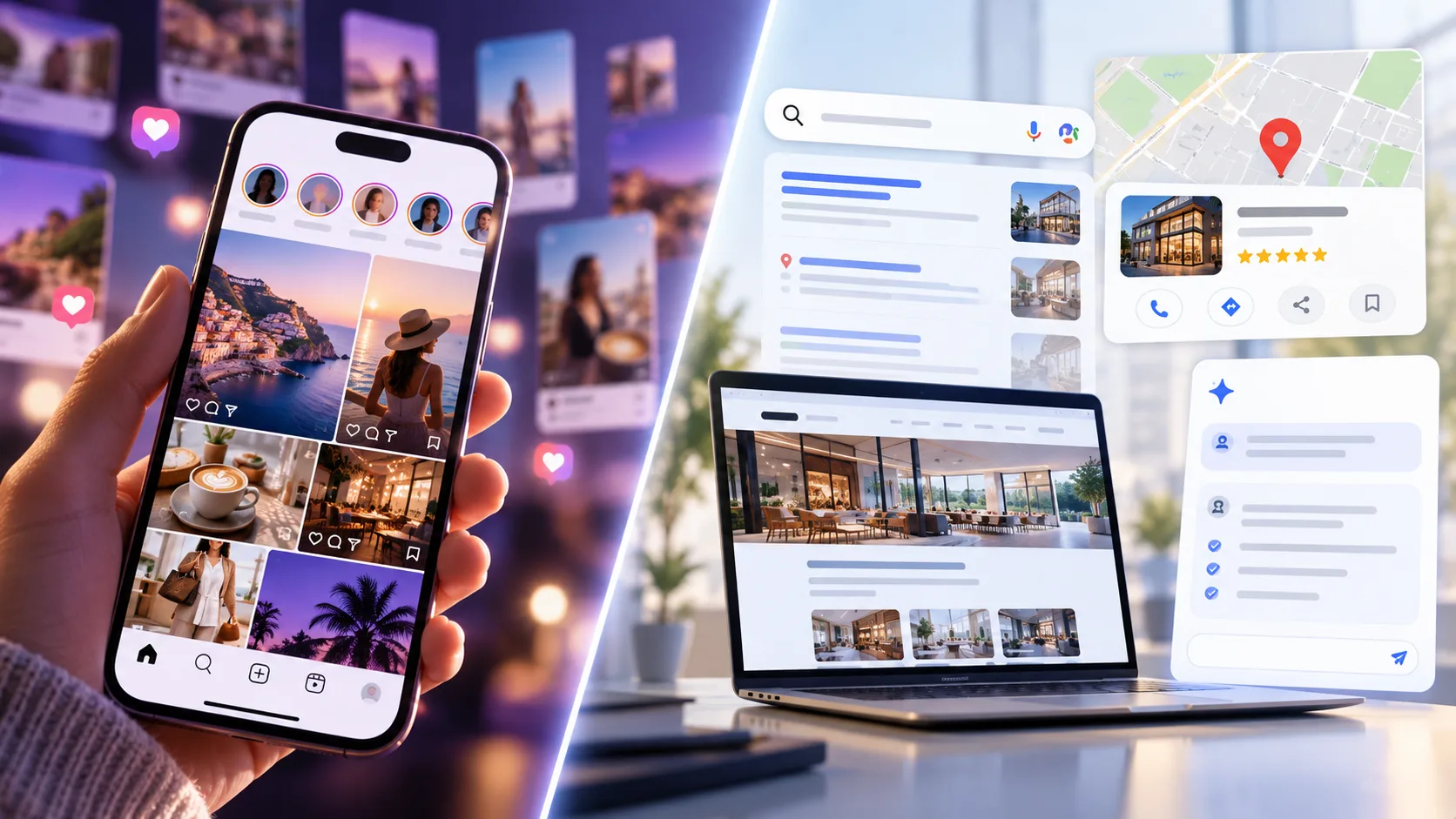 Portada que compara redes sociales con Google, Google Maps, una página web y búsquedas con inteligencia artificial.