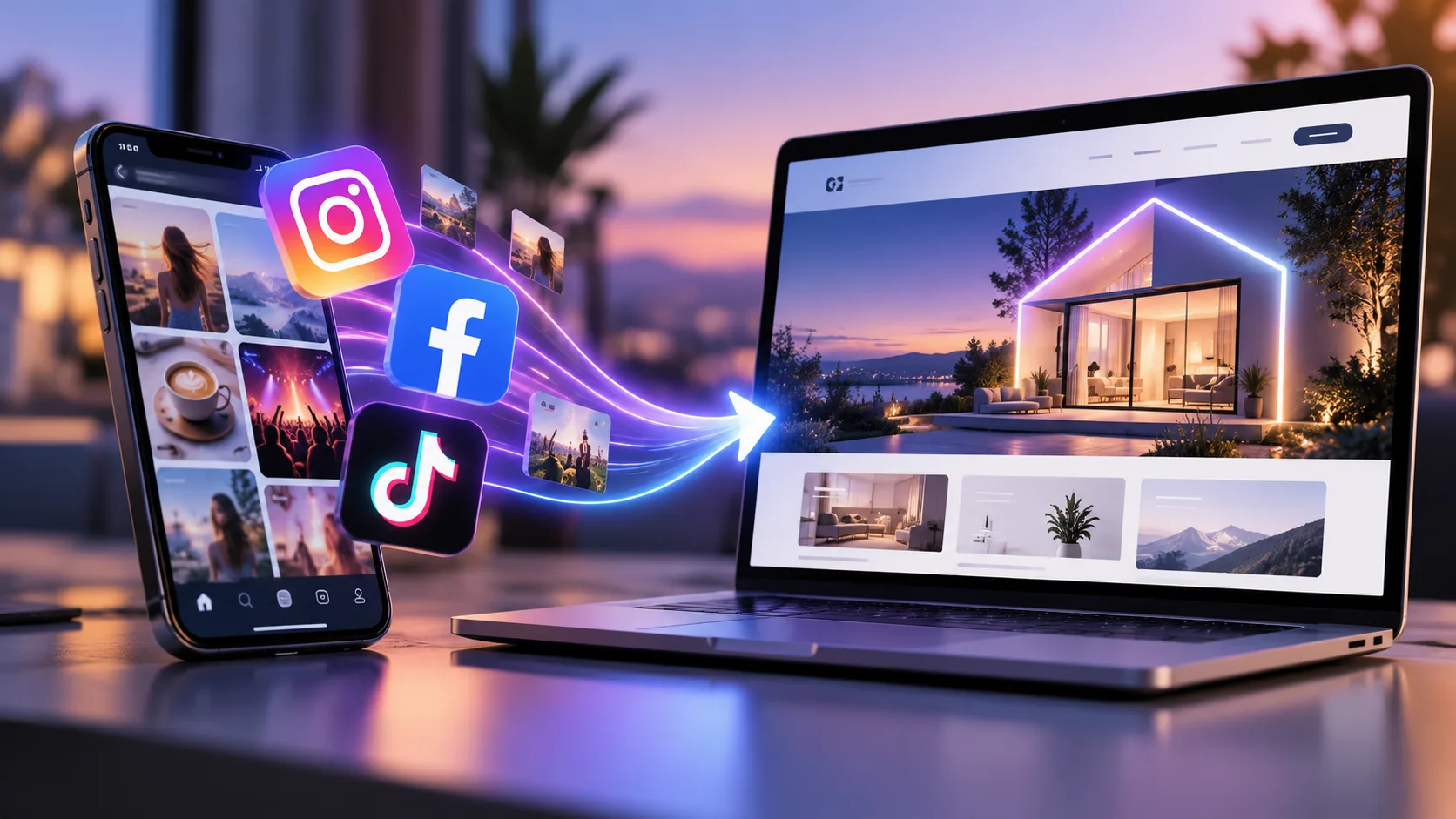 Portada sobre la diferencia entre redes sociales y una página web, con Instagram, Facebook y TikTok conectados visualmente hacia un sitio web propio.