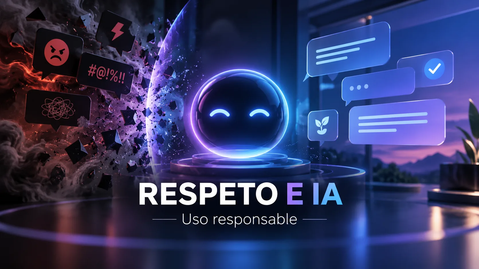 Portada sobre respeto y uso responsable de la inteligencia artificial, con un asistente digital protegido de mensajes agresivos y conversaciones positivas.