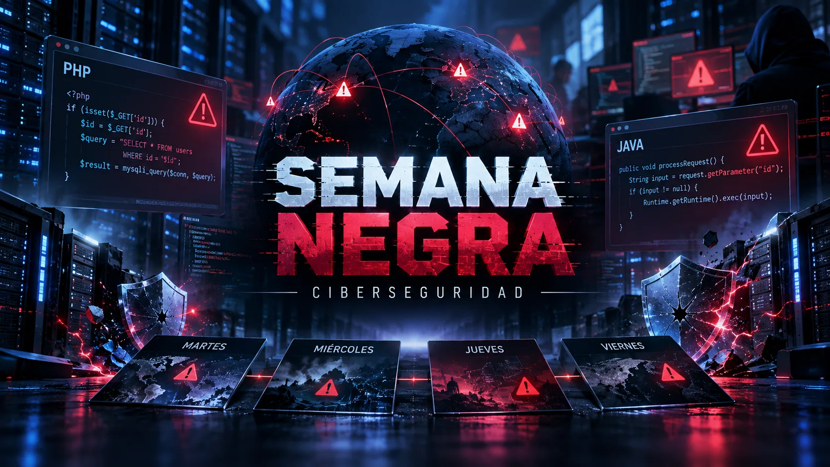 Portada sobre la semana negra de la ciberseguridad de octubre de 2026, con alertas globales, referencias a PHP y Java, servidores y amenazas informáticas.