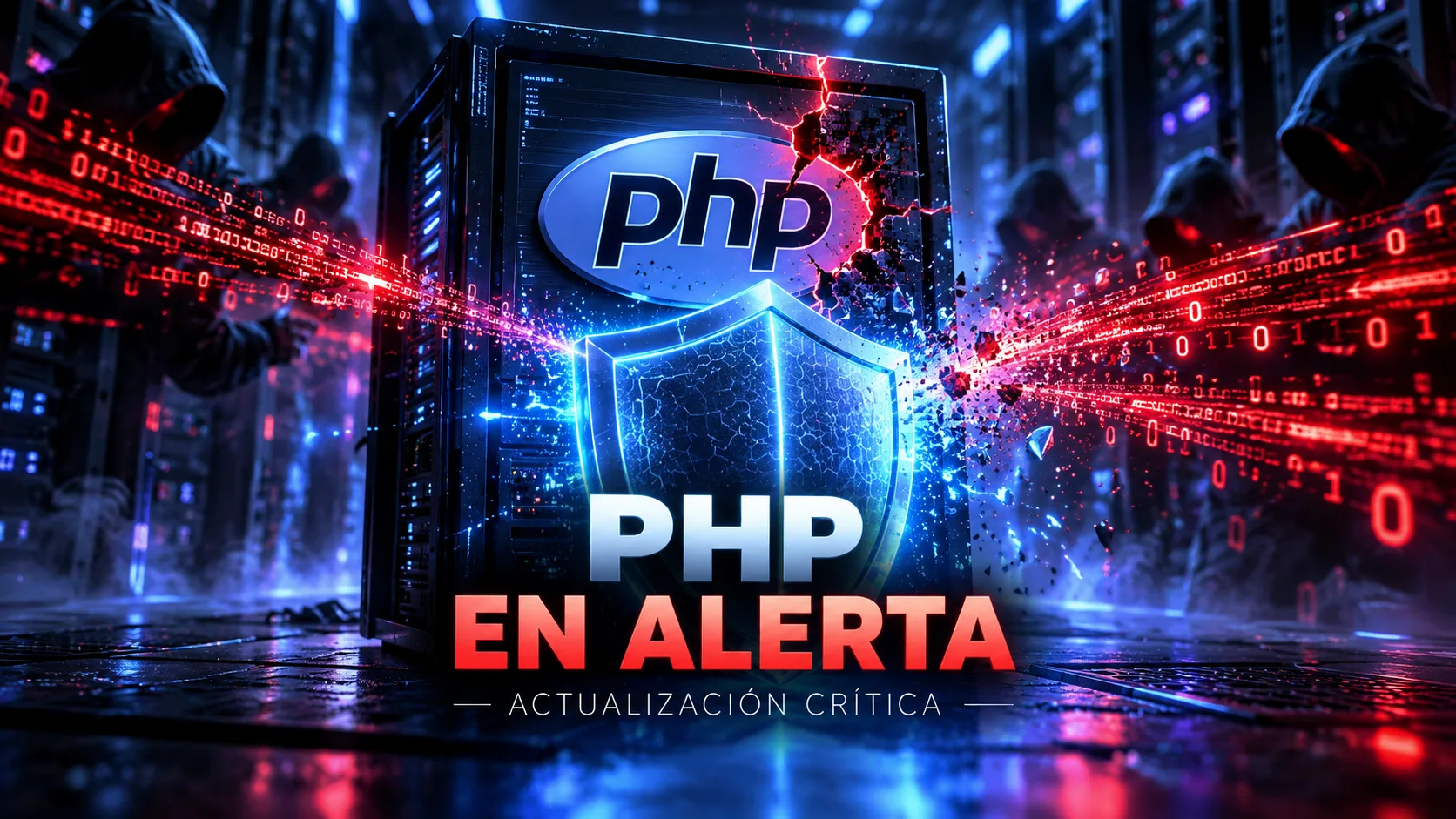 Portada sobre una vulnerabilidad crítica de PHP, con un servidor, el logo de PHP, un escudo de seguridad y código malicioso intentando atravesar la protección.