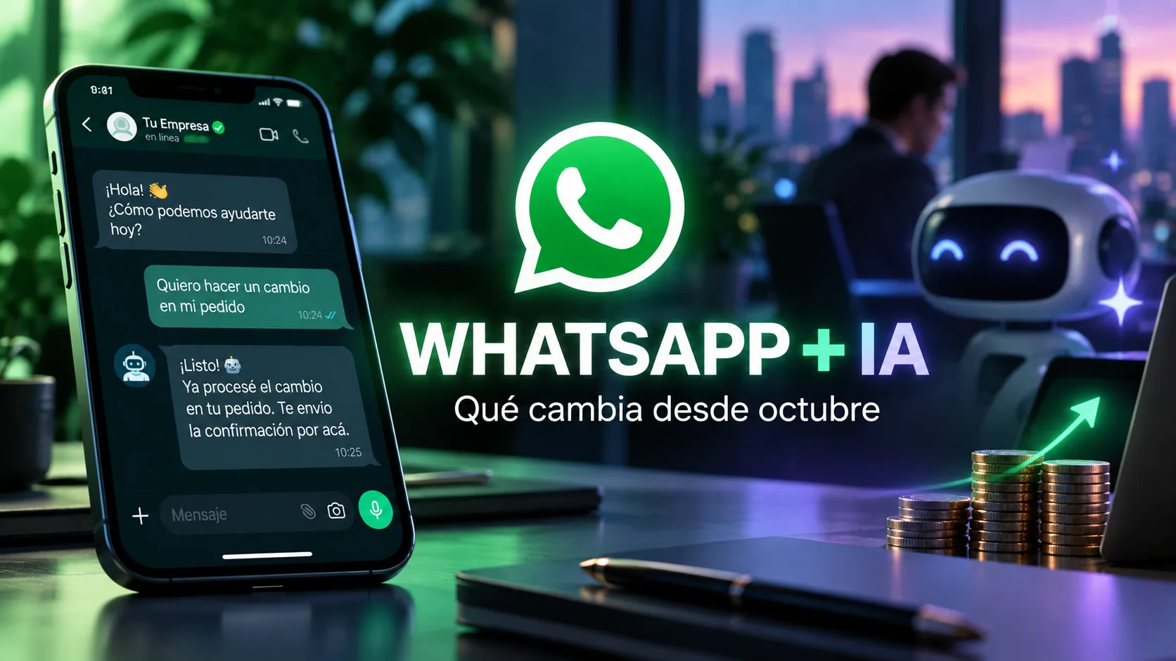 Portada sobre los cambios de WhatsApp Business desde octubre de 2026, con una conversación automatizada, inteligencia artificial y referencias a nuevos costos.