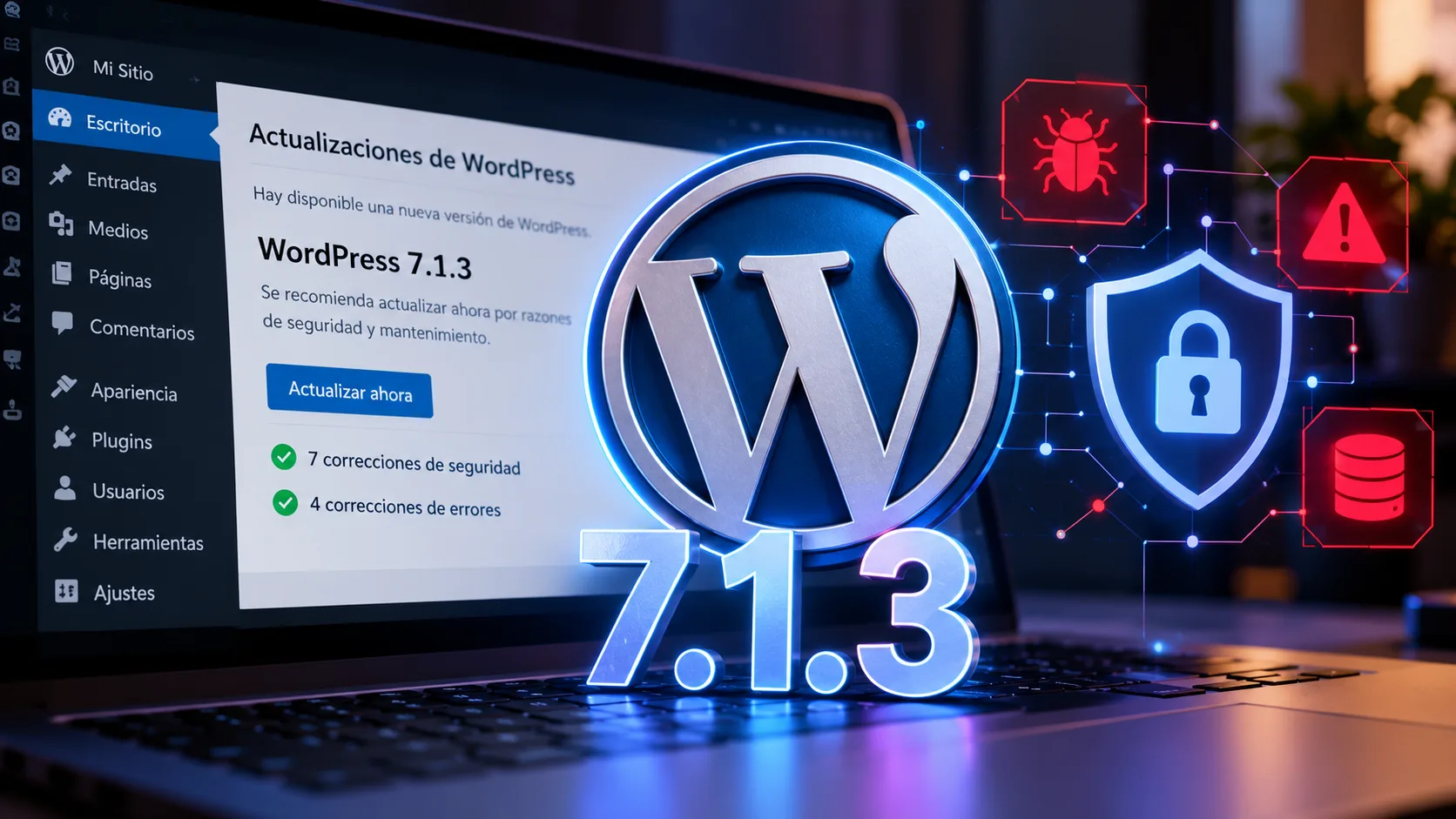 Portada de WordPress 7.1.3 con el logo de WordPress, una actualización de seguridad y símbolos de protección frente a vulnerabilidades.
