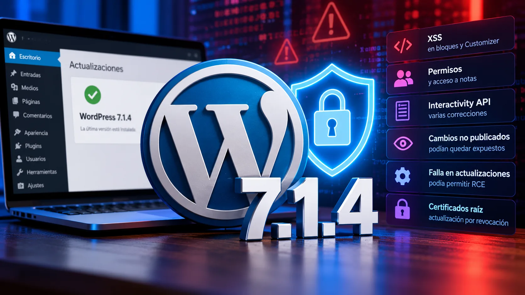 Portada sobre WordPress 7.1.4 con el logo de WordPress, un escudo de seguridad y referencias a vulnerabilidades XSS, permisos, RCE y cambios no publicados.